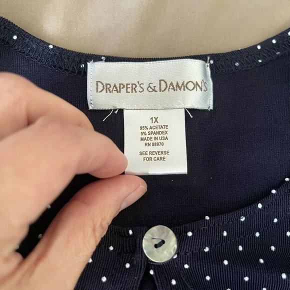 Drapers & Damon Cover up Blouse Top One Button Size 1X Plus Polka Dots Blue - Picture 8 of 12
